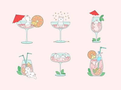 Cats and cocktails 2d cartoon cat champagne cocktail cute doodle fancy illustration kitten sticker vector