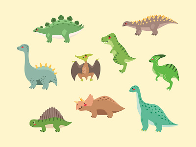 Set of cute dinosaurs 2d animal cartoon character children cute dino dinosaur funny game illustration toy vector