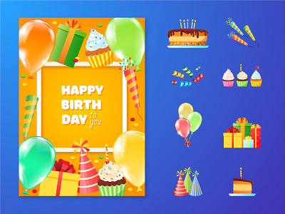 Birthday icons and greeting card 2d birthday cake card cartoon cute gift greeting icon illustration invitation vector