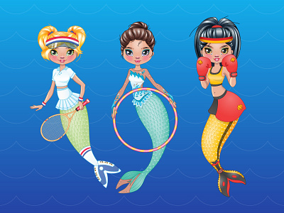 Sporty mermaids 2d athlete boxer cartoon character character design cute doll fashion girl gymnast illustration inderwater mermaid playset princess rhythmic gymnastics sport tennis player vector