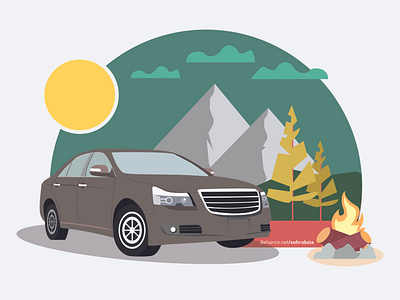 Car Camping campfire camping car clouds fire illustration illustrator jungle mountain sun trees