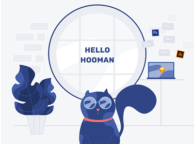 Hello Hooman 2d adobe illustrator bedroom blue cat illustration simple vector