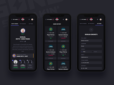 Gone Streakin: Profile mobile account bet bet game betting cards dark fantasy sports form gambling design inputs invite profile progress settings user