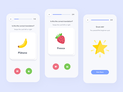 Language Learning App adobe xd android app card clean colors daily challenge design ios learning minimal mobile swipe ui ux