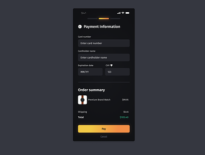 Dark Mode Mobile Check Out Screen advertisement b2c branding card checkout credit card design figma gradient graphic design illustration ios logo mobile payment ui ux vector