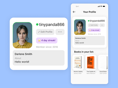 Mobile Profile UI - Book Club App Concept #DailyUI advertisement app b2c branding card dailyui dailyui006 design figma graphic design illustration logo minimalist mobile modern pastel profile ui ux vector