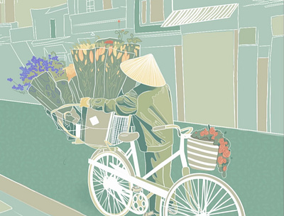 Vietnamese Flower Vendor, Hanoi 2dart art design illustration procreate travelart vietnam