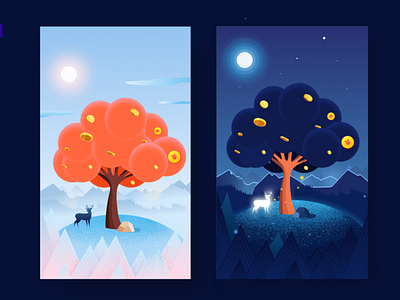 A Night Among Trees deer design dribbble illustration montain moon night star tree ui