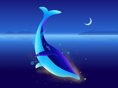 Whale illustration light moon night sea star undersea whale