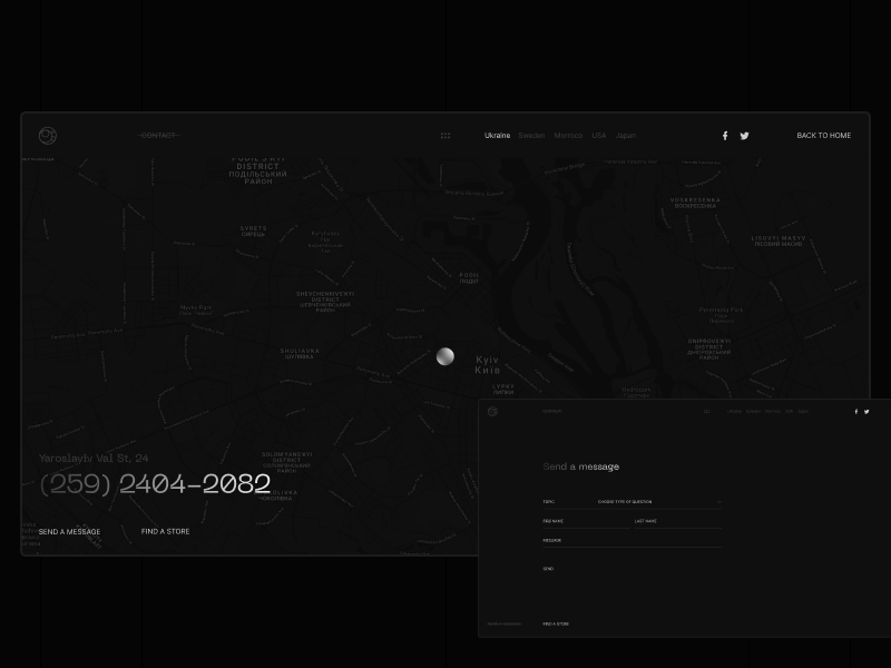 Silver Soul. Contact & Send a Message pointer map message send form contact glow dark experimental typography clear ui web