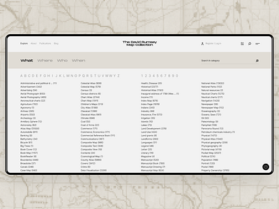 Devid Rumsey map collection. Explore page alphabet clear collections experimental filter map sorting typography ui web web design