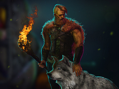 Wolf character game illustration moonlight night torch vikings wolf