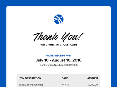 Crossroads Giving Receipt Email branding church email giving payment receipt thank you transactional email ui ux