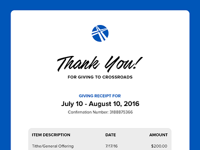 Crossroads Giving Receipt Email