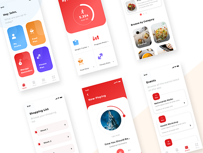 Fitness and Food App Design appdesign dashboard eventsapp fitnessapp foodapp gradients health healthapp home icons mobileapp music musicplayer redcolor reminders uidesign