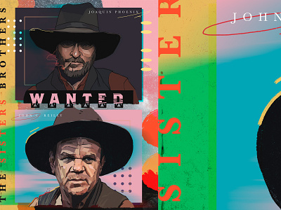 The Sisters Brothers actor brothers collage color cowboy drawing entertainment fashion film illustration key art painting pattern portrait poster poster design sketch smoking western wild