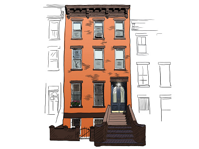 Brownstone Illustration Full Color apartment art borough brooklyn brownstone color design drawing flowers hood house illustration nyc space stairs street urban windows