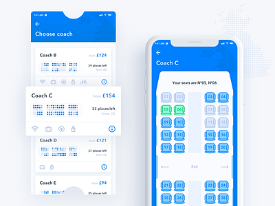 Kaola, Coach and Seats Selecting app blue booking design invite ios iphone x search tickets train ui ux