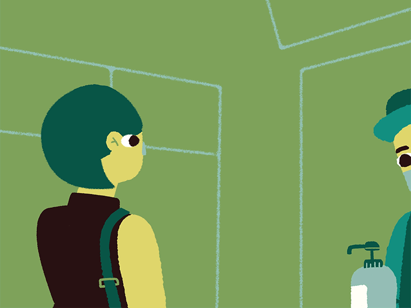 SOP animation bookoflai bottle design disinfectant disinfection girl green guard illustration lady mask pandemic stop virus waiter walking walks woman