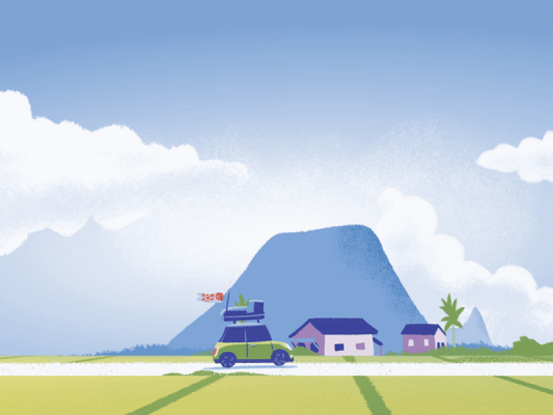 Driving Through the Countryside animation bookoflai car fields graphic illustration mini travel