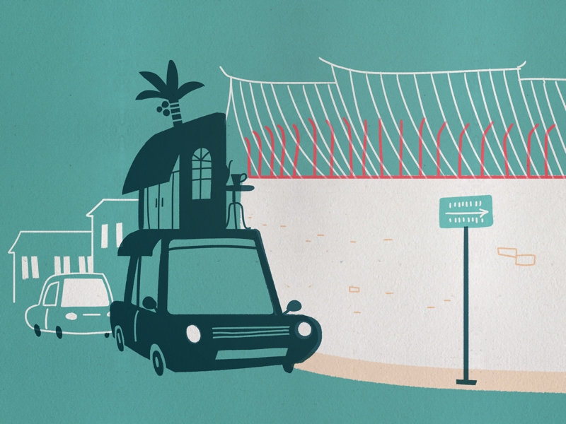 Moving cafe in town turquoise textured print black cyan car art editorial graphic asia illustration