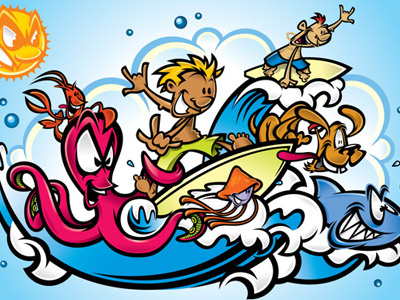 Surfers art cartoon illustration ocean poster