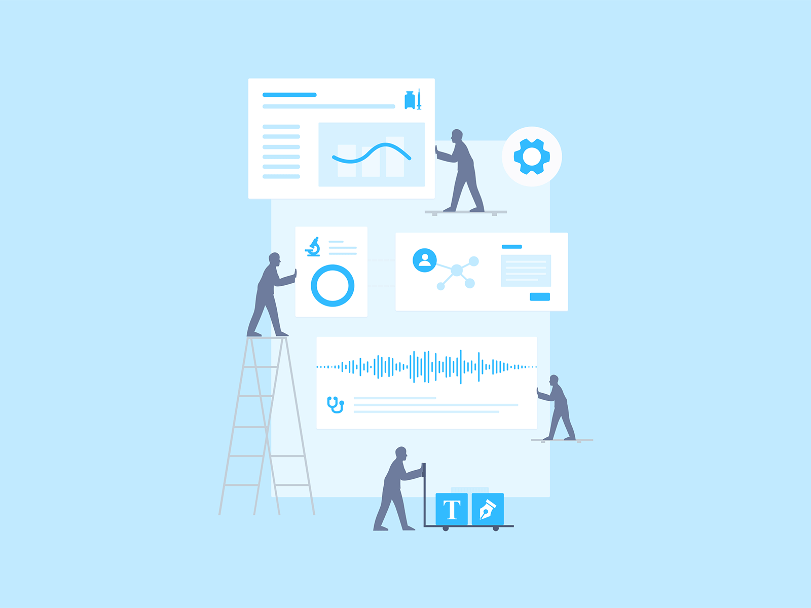 Dashboard loading motion box card dashboard dashboard ui design fix flat illustration loading medical medicine paper push task teamwork voice work workman