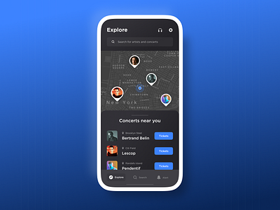 Muser app app design blue button clean dark mode dark ui design gradient input ios minimal mobile music search swipe ui ux