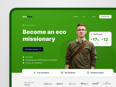 EcoPros - Landing app branding button card case study clean design eco green header interface landing logo man minimal pattern product design ui ux web