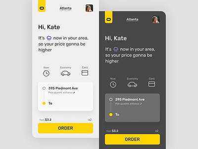 Obbo app button cards clean dark mode design ios mobile taxi ui ux yellow