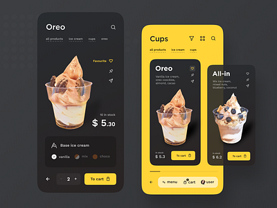 True Ice Cream - Shop app app design button cards clean design ecommerce flat ice cream ios minimal mobile shop ui ux yellow
