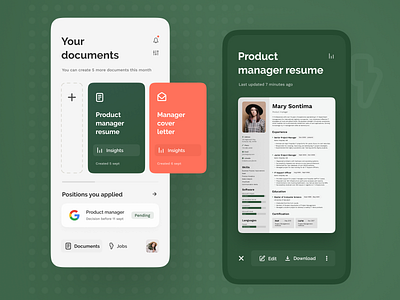 Resume - Documents app app design branding button cards clean cv design flat green grey ios job minimal mobile resume round ui ux vector