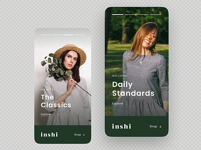 Inshi - Shop preview app branding button clean design dress ecommerce flat girl green ios minimal mobile photo shop ui ux