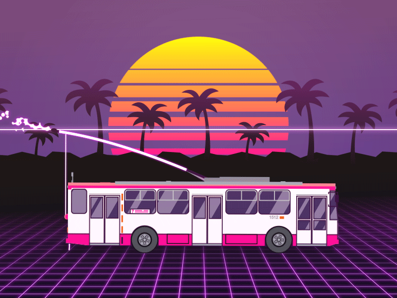 Synthwave trolleybus 80s animation gif loop particles particular retro skoda synthwave trolley