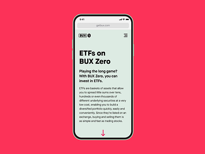 BUX ETFs Website etf etfs finance investing knowledge mobile prototype reading scroll shares ui ux website