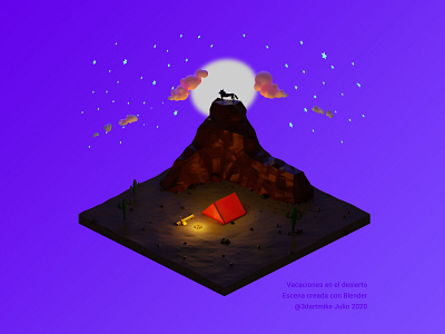 Camping in the desert 3d 3d art blender blender3d camping coyote desert fear illustration isometric design isometric view moon night tent wood fire