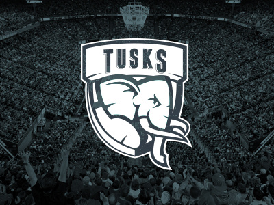 The Tusks, lockup basketball brand elephant identity logo shield sports team trunk tusks