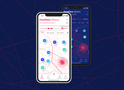 Freetime App app darkmode events freetime map mobile neon neon light neumorphic