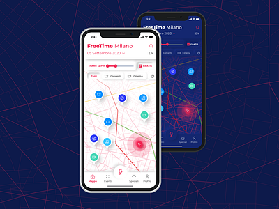 Freetime App app darkmode events freetime map mobile neon neon light neumorphic