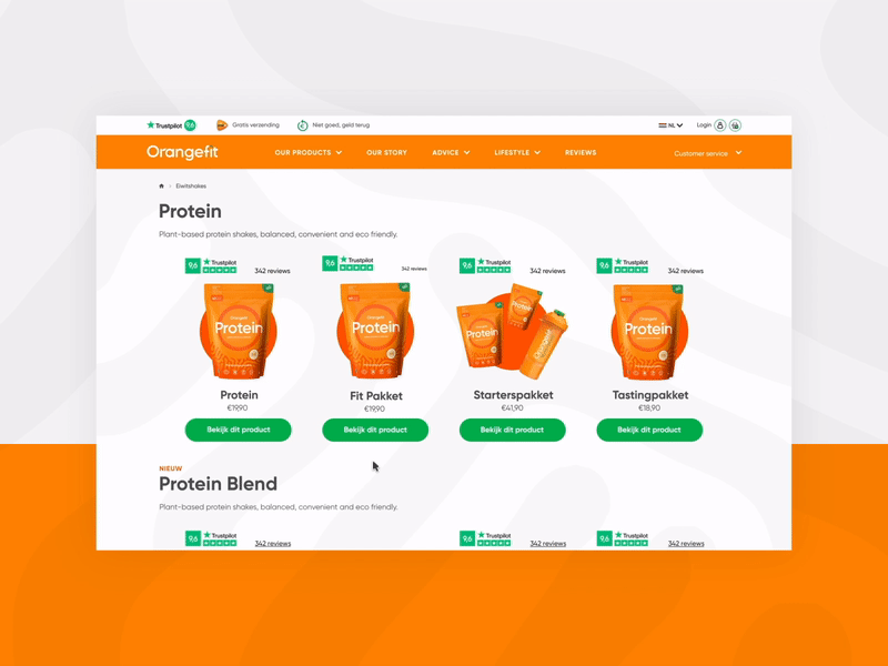Orangefit website product interaction 2.5d ecommerce hover proteine webshop