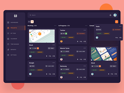Task Management Dashboard Dark activity calendar dashboard design project project management projects task task management ui web