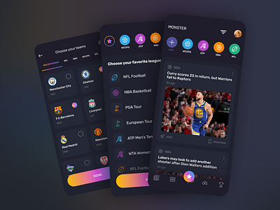 Monster app app app design dark ui design mobile app news app sports sports app tournament ui uidesign