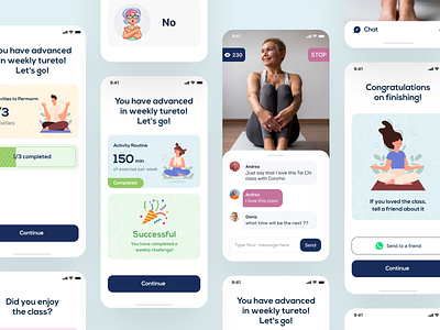 Fitness app for older activity app calendar cards coach colorful fitness gym illustration interface ios minimal personal trainer running stats ui ux weight workout yoga