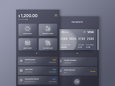 Finance App app bank card dark data finance money ui ux wallet