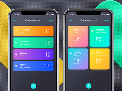 Weather App app city gradient ios iphonex list management weather