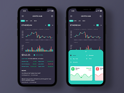 Crypto Hub animation app app design bitcoin blockchain card colorful crypto cryptocurrency currency dark ethereum gradient ios iphonex market statistics ui ux wallet