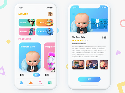 Movie Store animated app cartoon category clean colorful design gradient iphonex layout movie ui ux