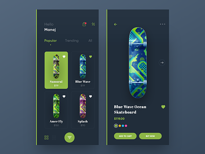 Skateboard App app app design ecommerce green ios iphonex shopping skateboard trending ui ux