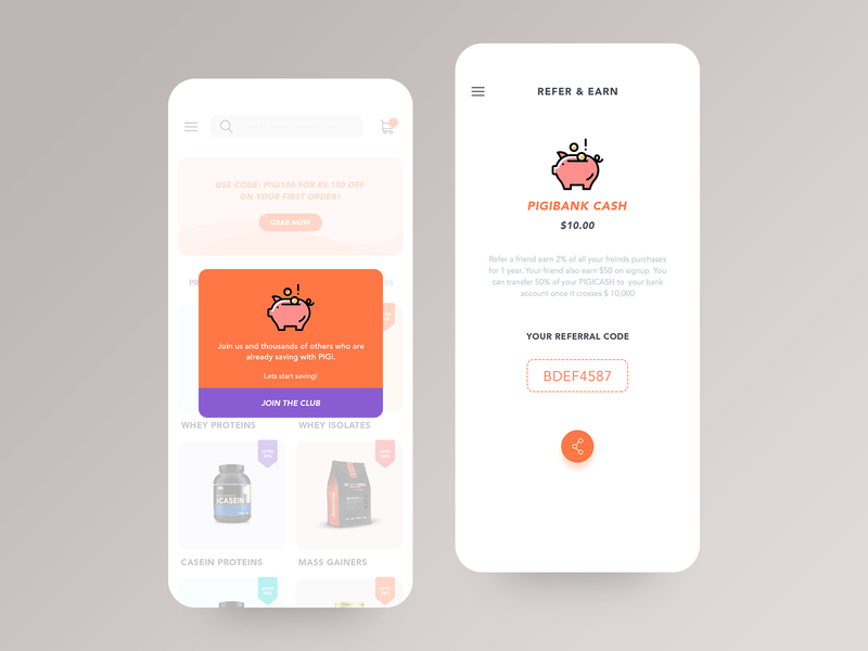 Ecommerce refer & Earn app design earn ecommerce ecommerce app interaction money pigi pigicash refer share ui ux wallet