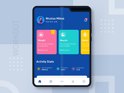 Workout App activity tracker app cards chart dashboard galaxy galaxy fold graph gym icons ios map material mobile mockup statistics stats workout workout app